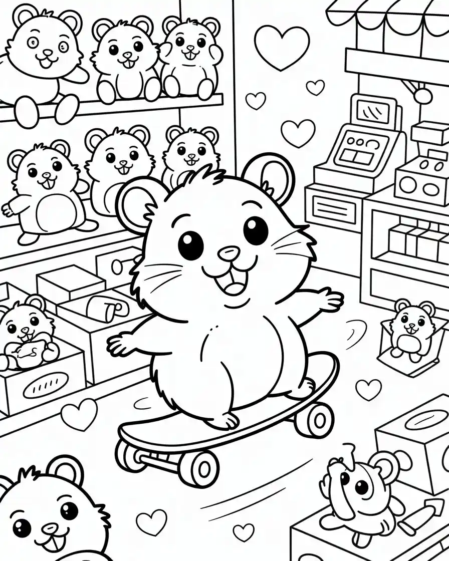 hamster riding skateboard in toy store coloring page