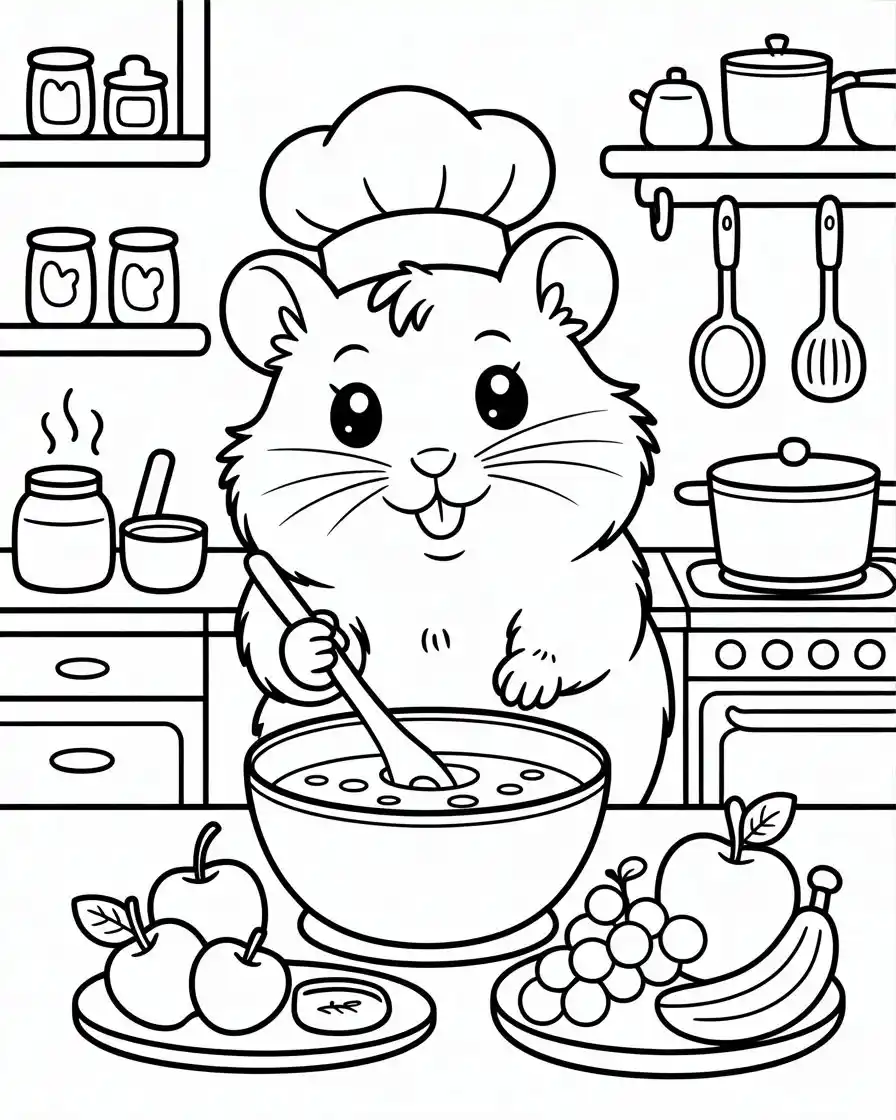 hamster stirring soup in kitchen coloring page