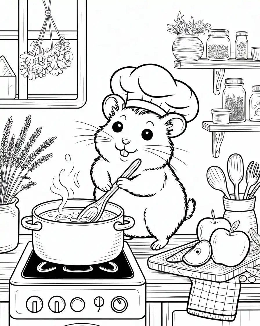 hamster stirring soup in kitchen coloring page1