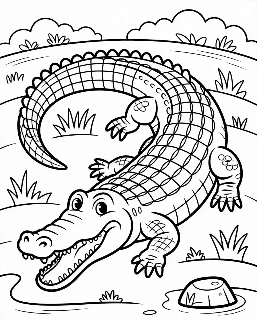 happy alligator grass coloring page