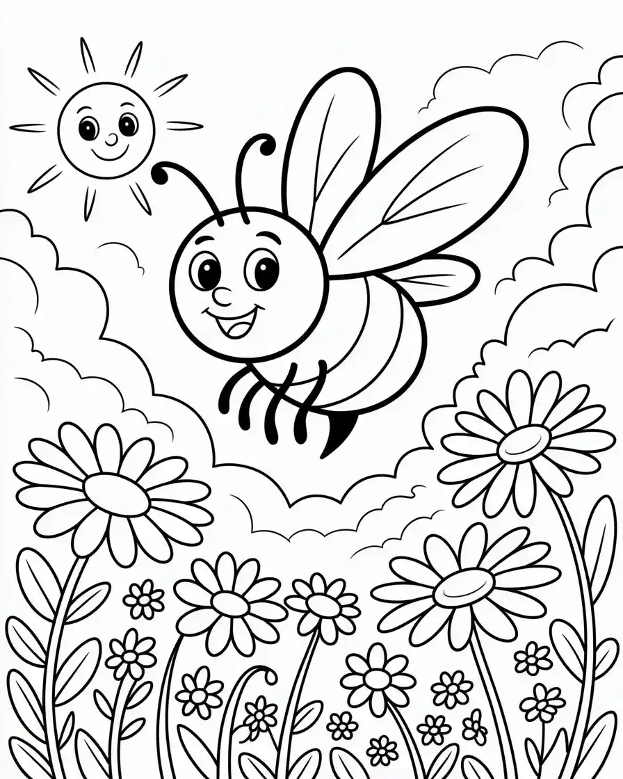 happy bee flying over daisies coloring page