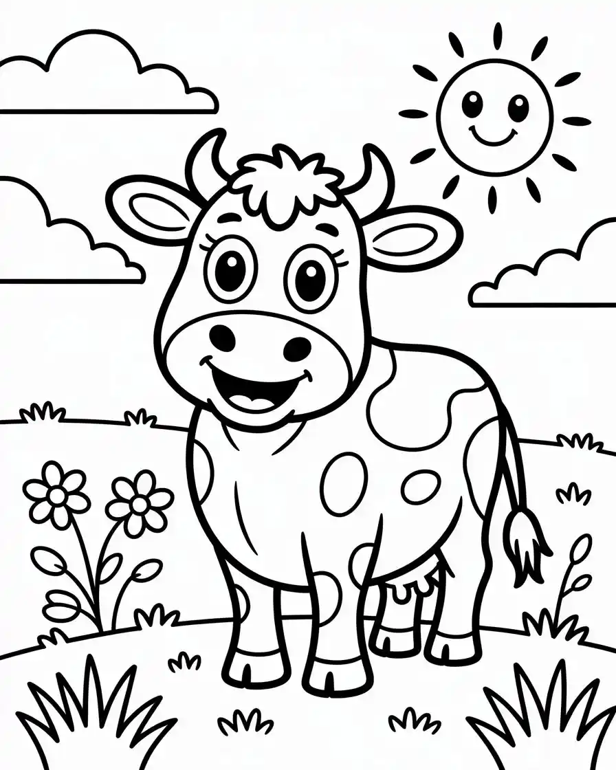 happy cow in the field coloring page