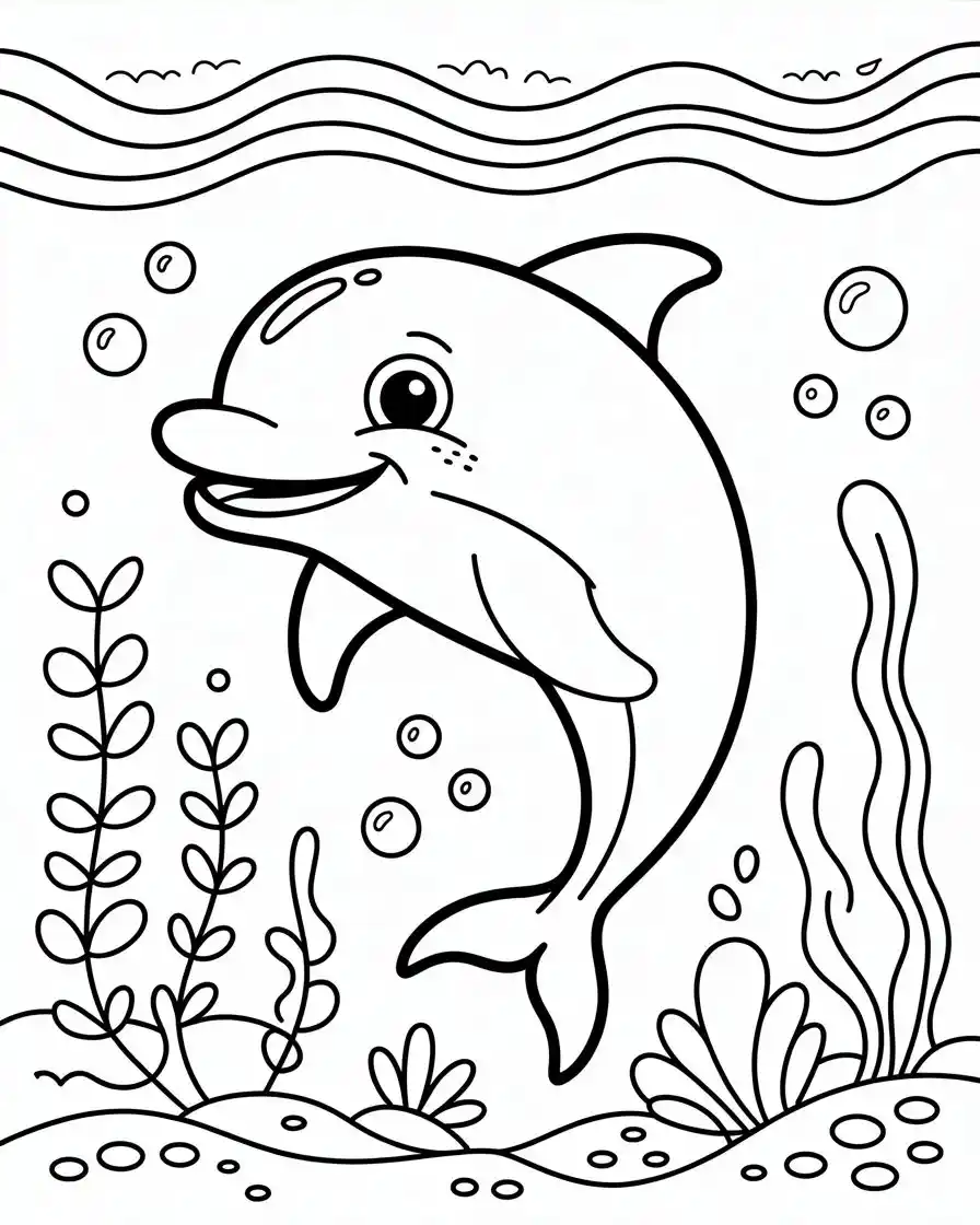 happy dolphin swimming coloring page