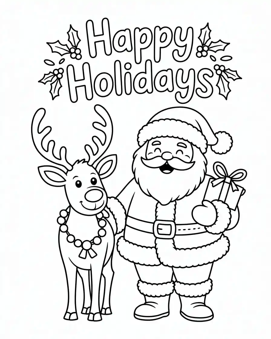 happy holidays santa with reindeer coloring page 1