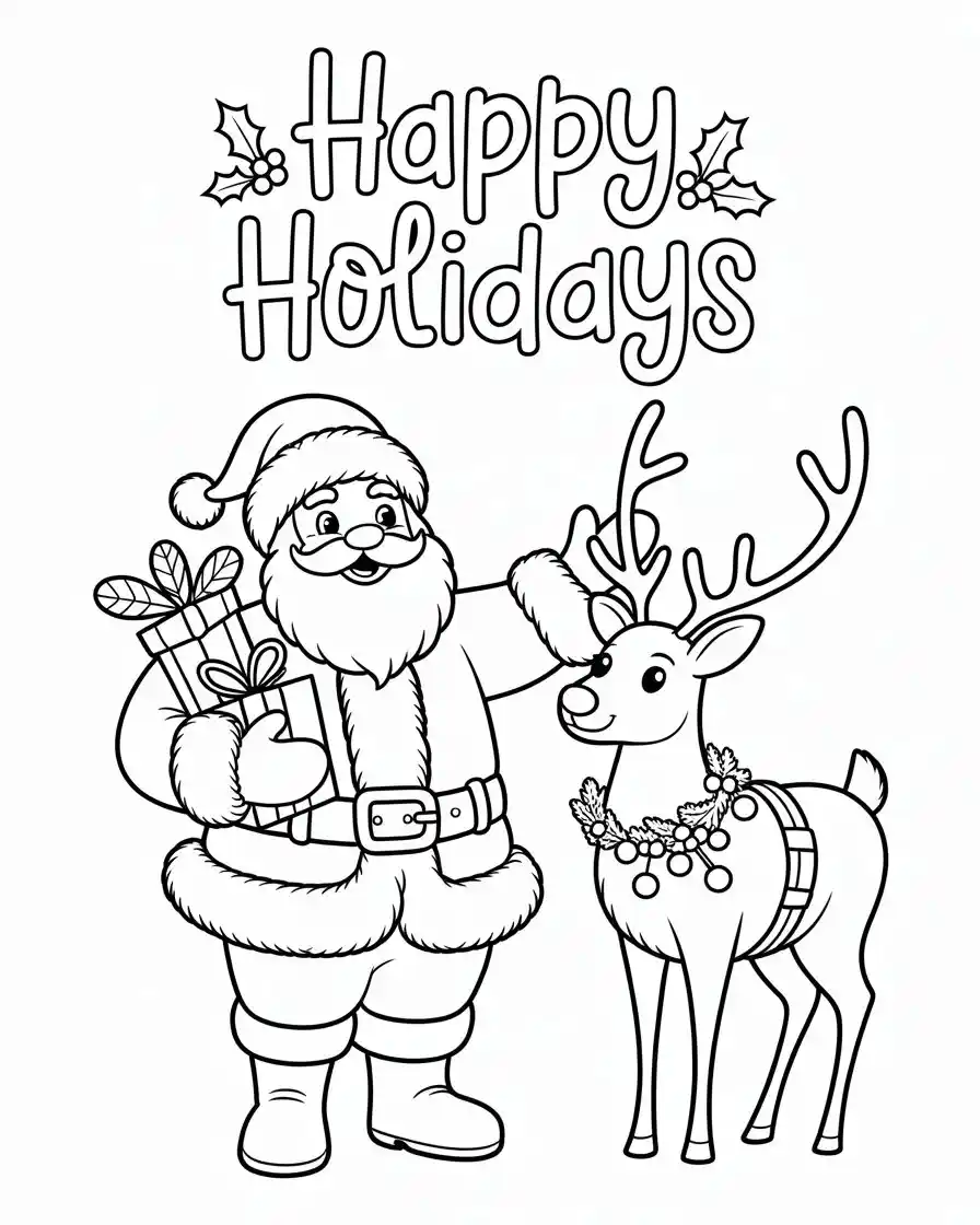 happy holidays santa with reindeer coloring page