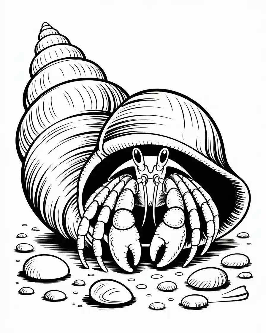 hermit crab in shell coloring page for kids