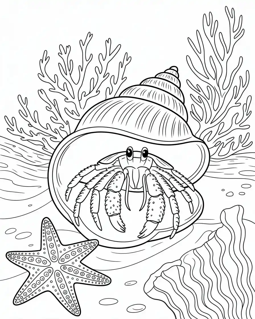 hermit crab with coral and starfish coloring page for kids