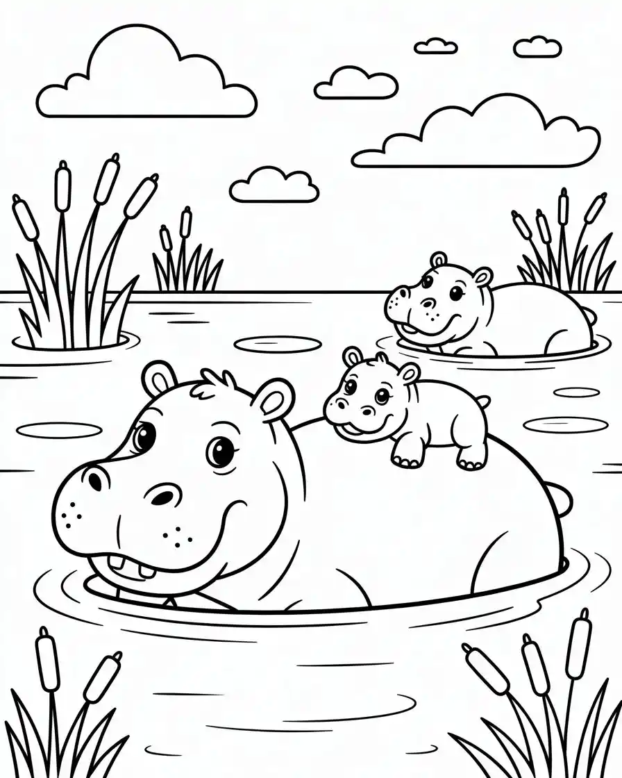 hippo family coloring page for kid