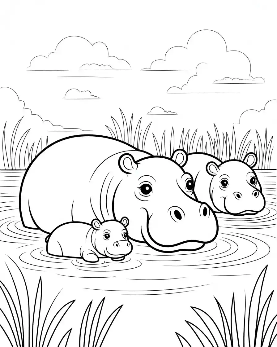 hippo family coloring page