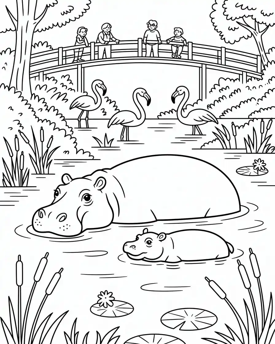 hippopotamus in pond coloring sheet 1