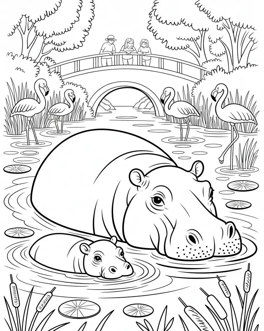 hippopotamus in pond coloring sheet