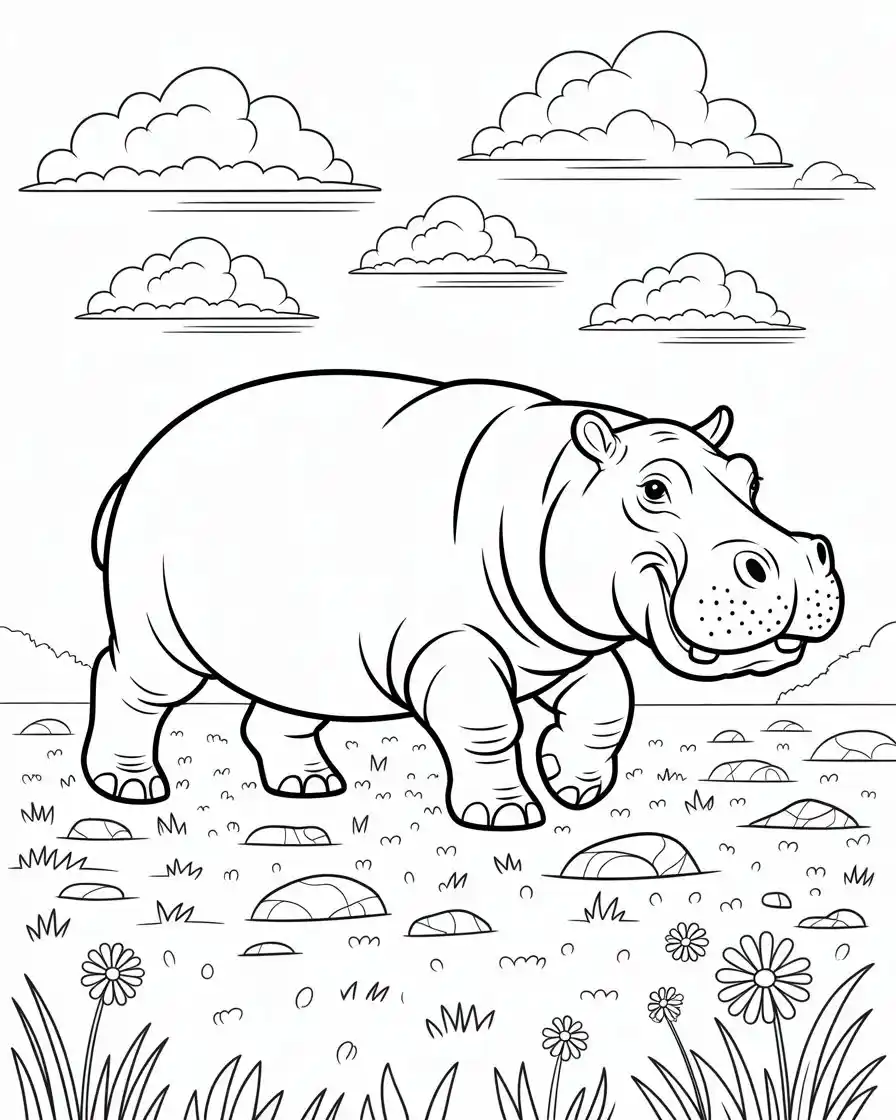 hippopotamus walking coloring page
