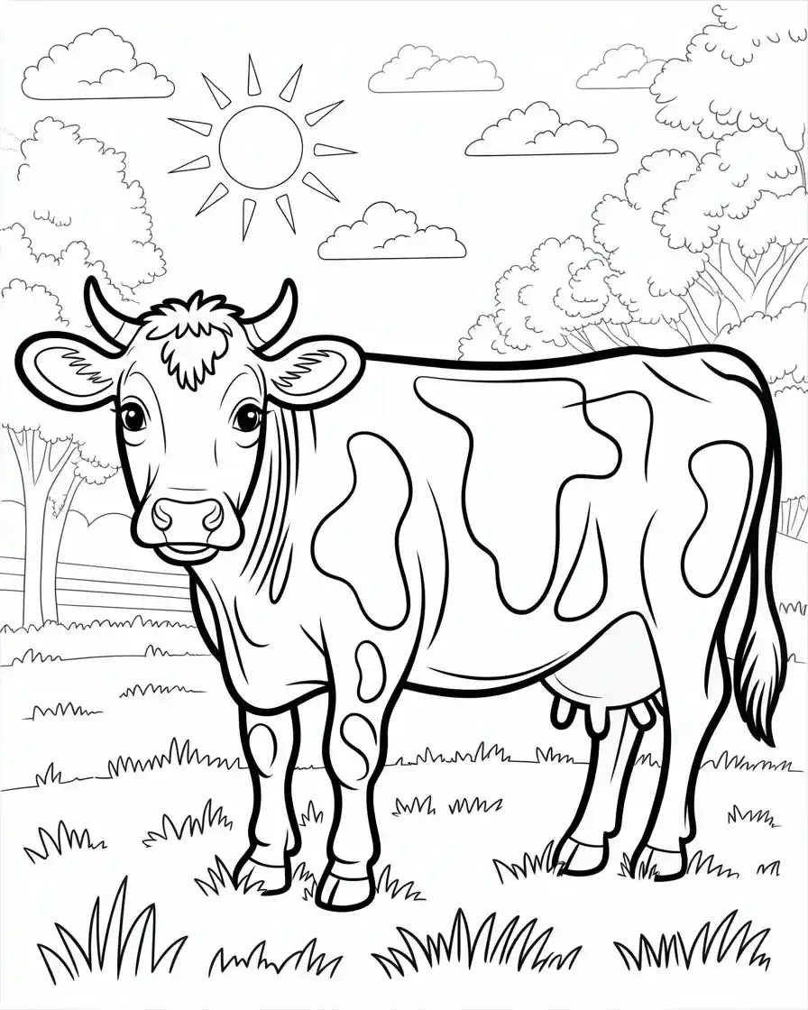 holstein cow eating grass on farm coloring page for kids