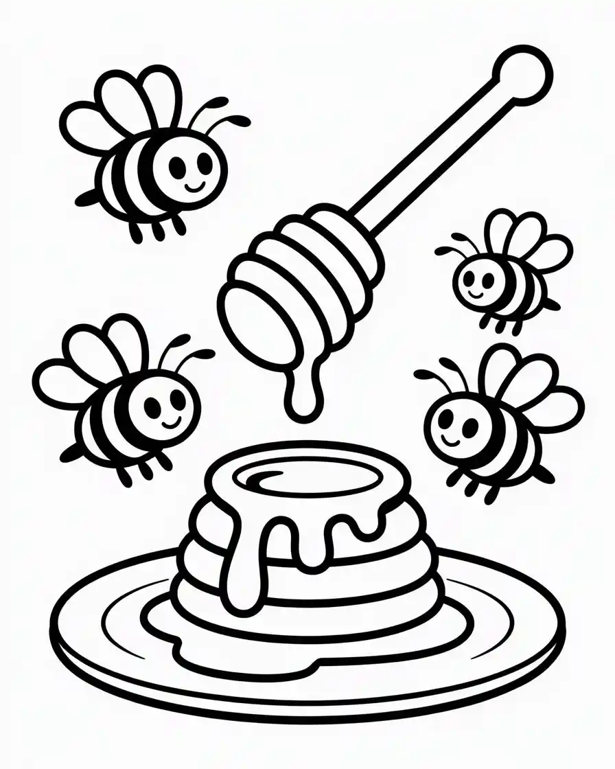 honey dipper dripping honey with bees coloring page 1
