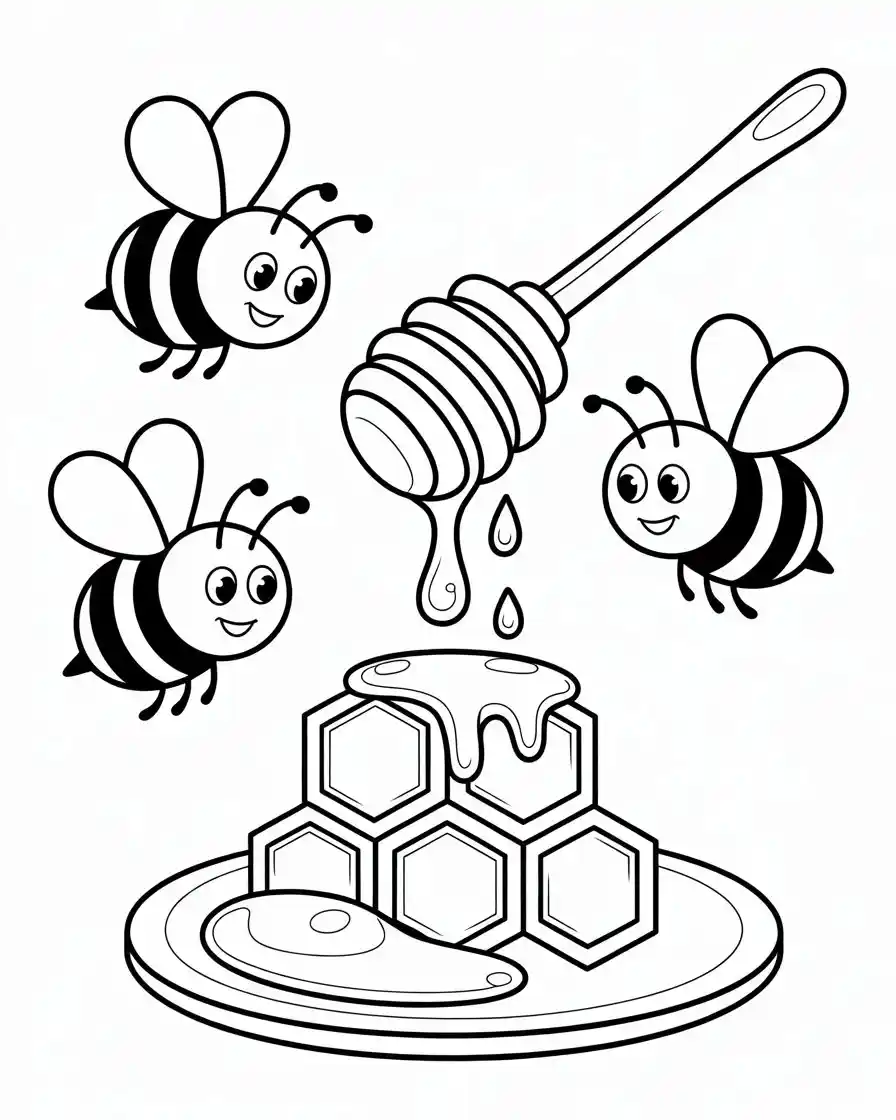honey dipper dripping honey with bees coloring page