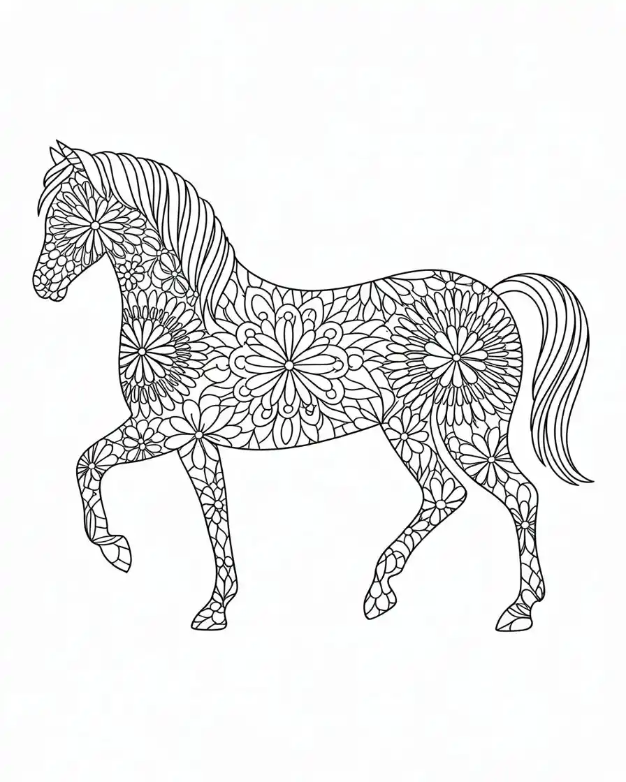 horse floral coloring page 