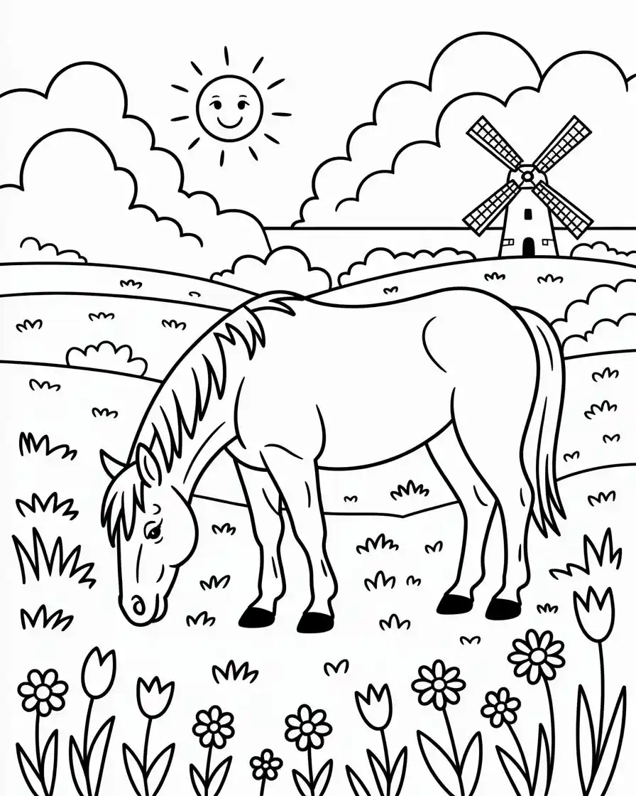 horse grazing in meadow with windmill coloring page