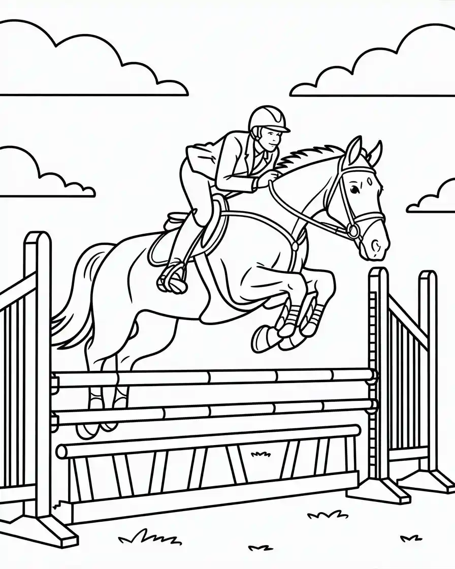 horse jumping over obstacle coloring page