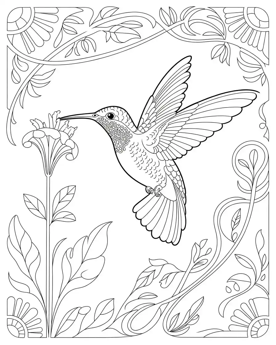 hummingbird art nouveau coloring page