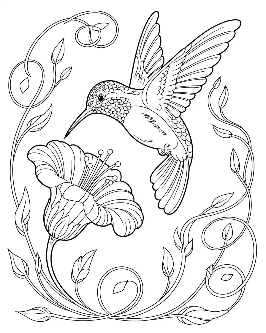 hummingbird art nouveau flower coloring page
