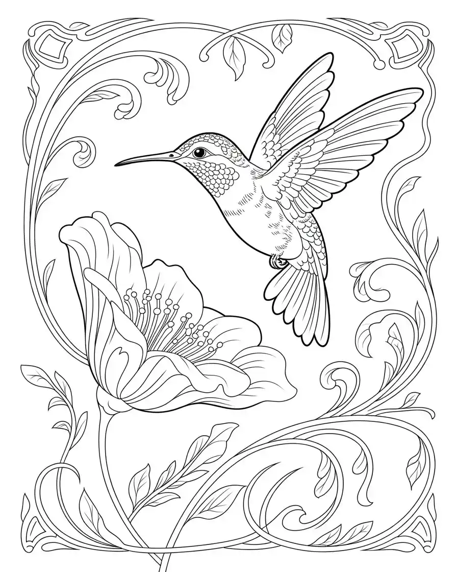 hummingbird art nouveau flower coloring page