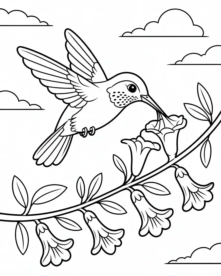 hummingbird drinking nectar from flowers coloring page