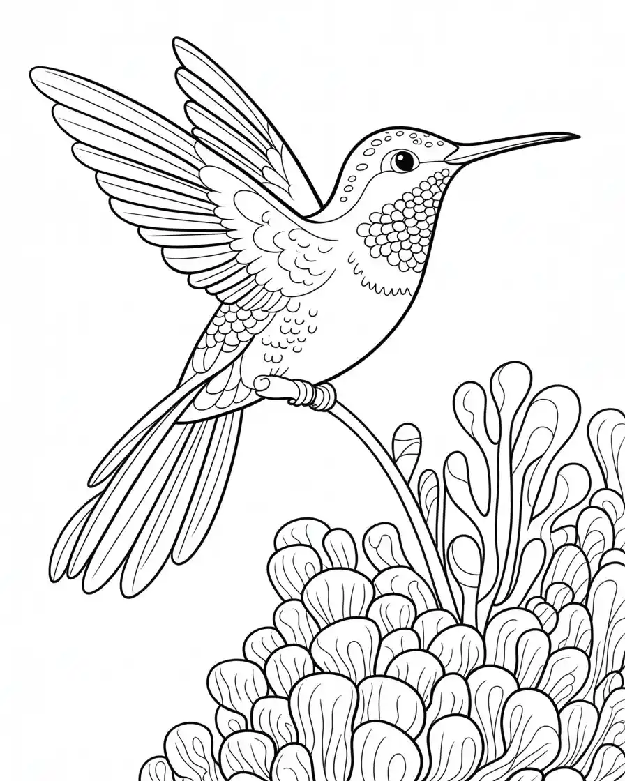 hummingbird on coral foliage coloring page