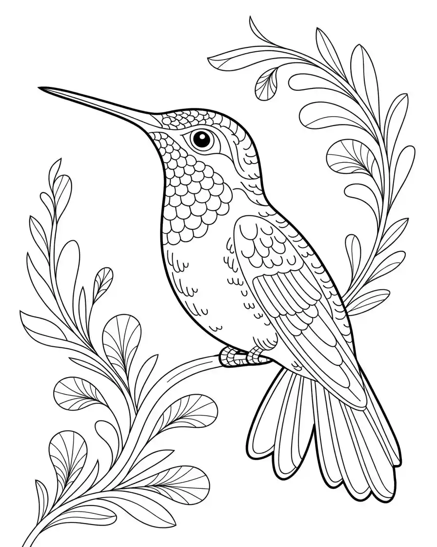 hummingbird perched art deco coloring page 1