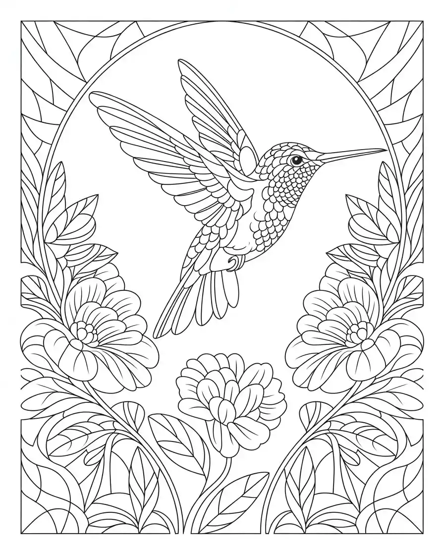 intricate hummingbird stained glass flower coloring page 1
