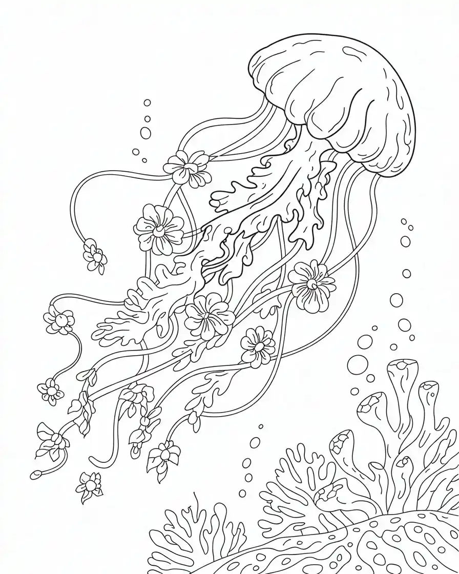 jellyfish with flowers coloring page