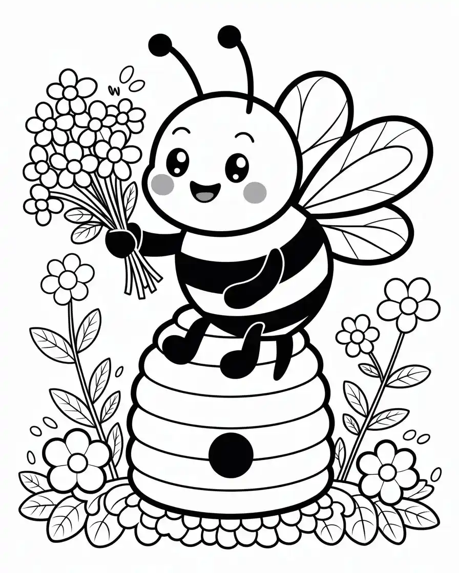 kawaii bee collecting flowers coloring page