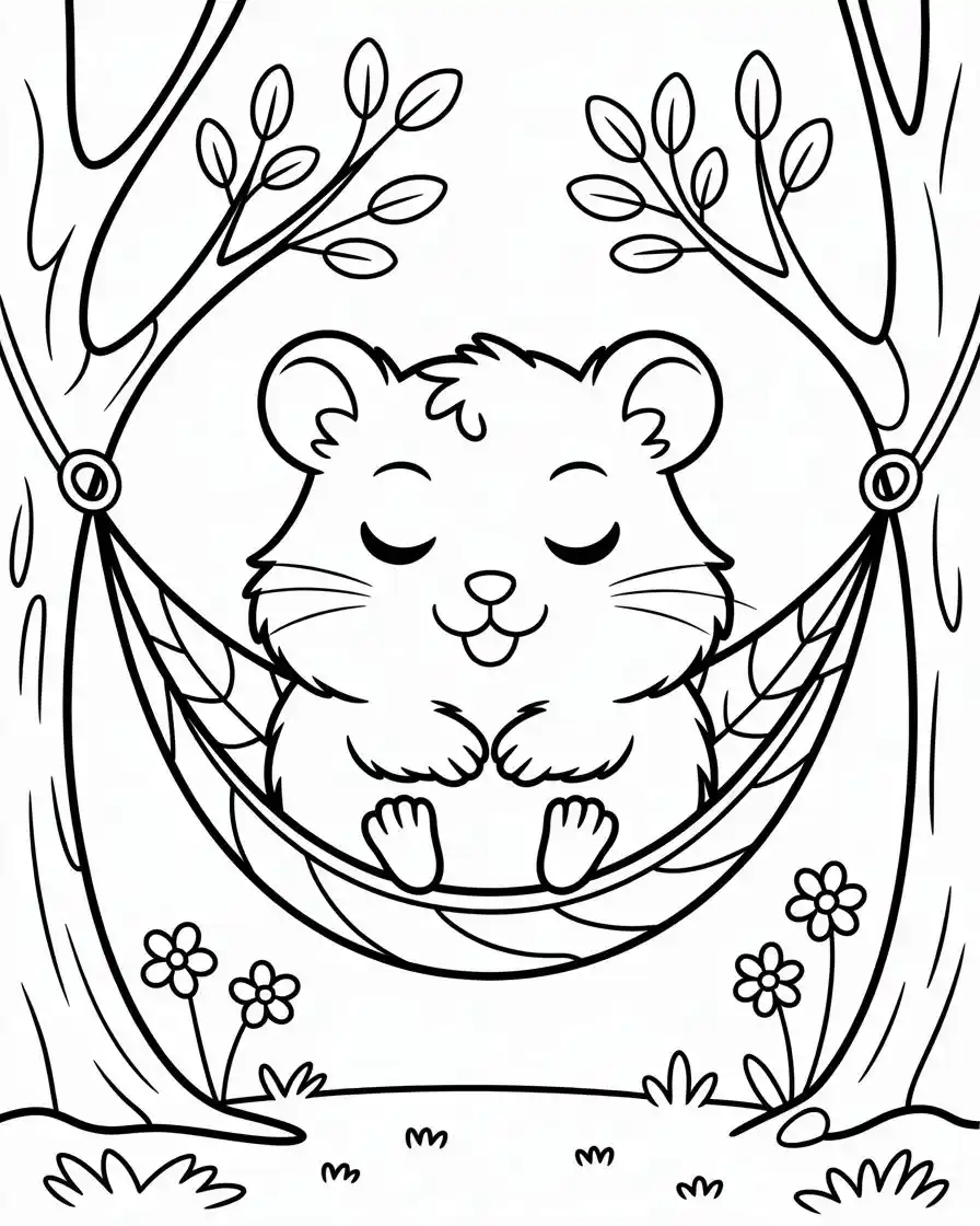 kawaii hamster in leaf hammock coloring page 1