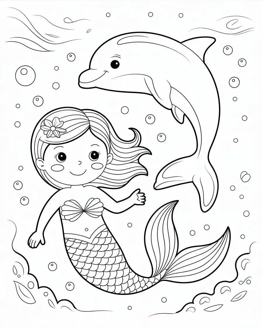 kawaii mermaid with dolphin coloring page