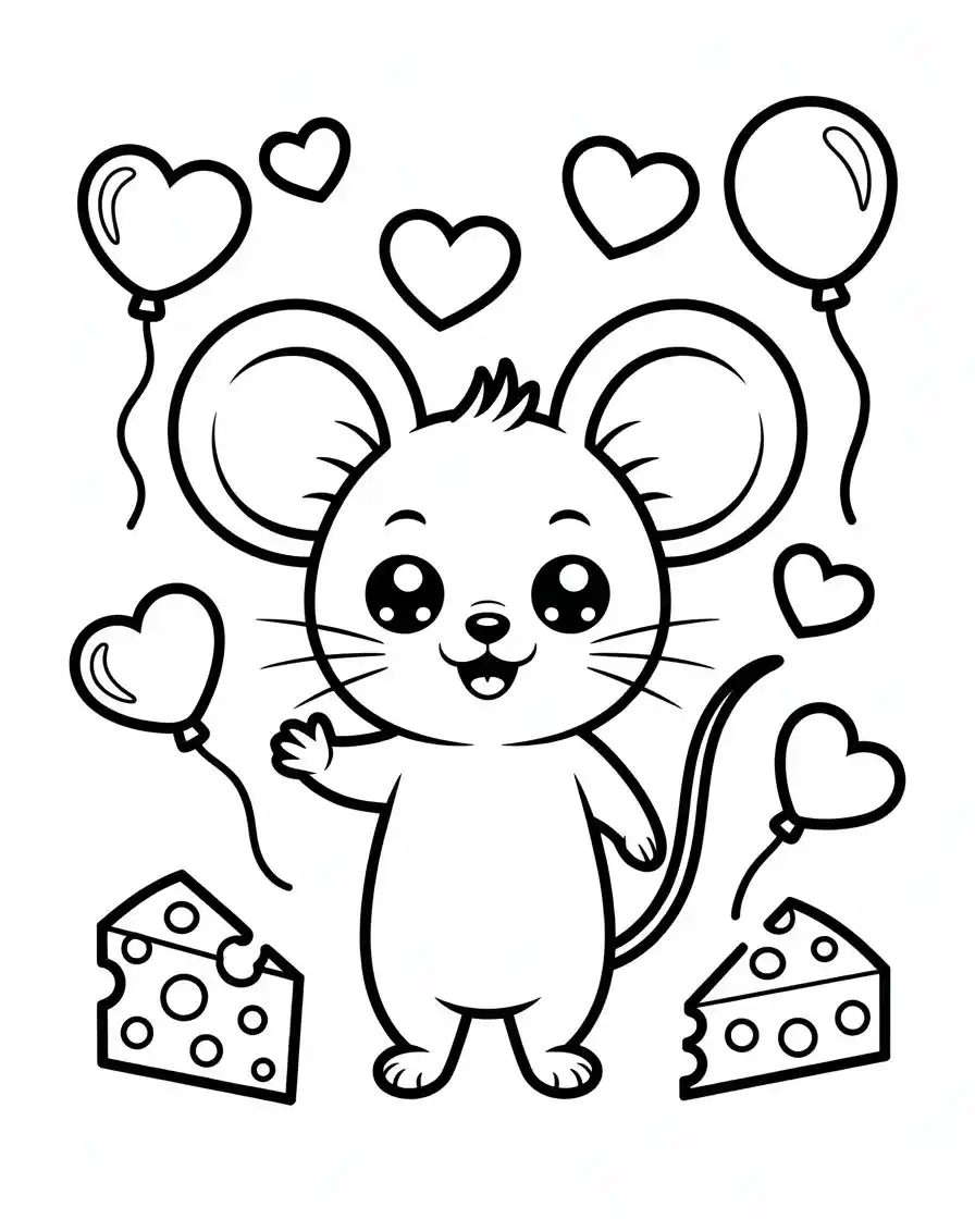 kawaii mouse with hearts balloons and cheese coloring page