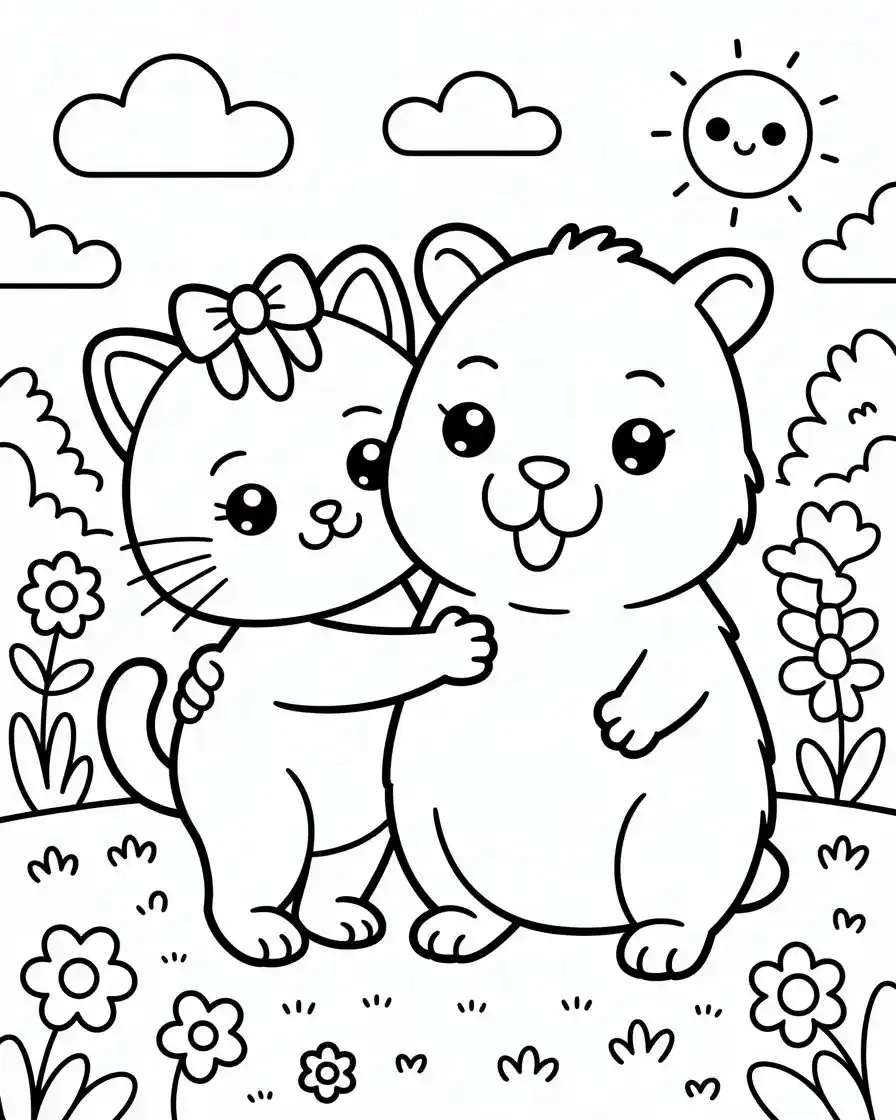 kitty hugging capybara coloring page 