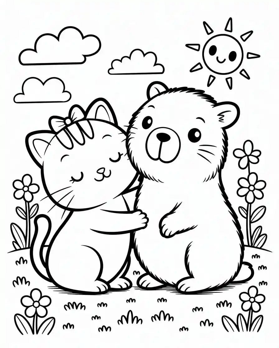 kitty hugging capybara coloring page