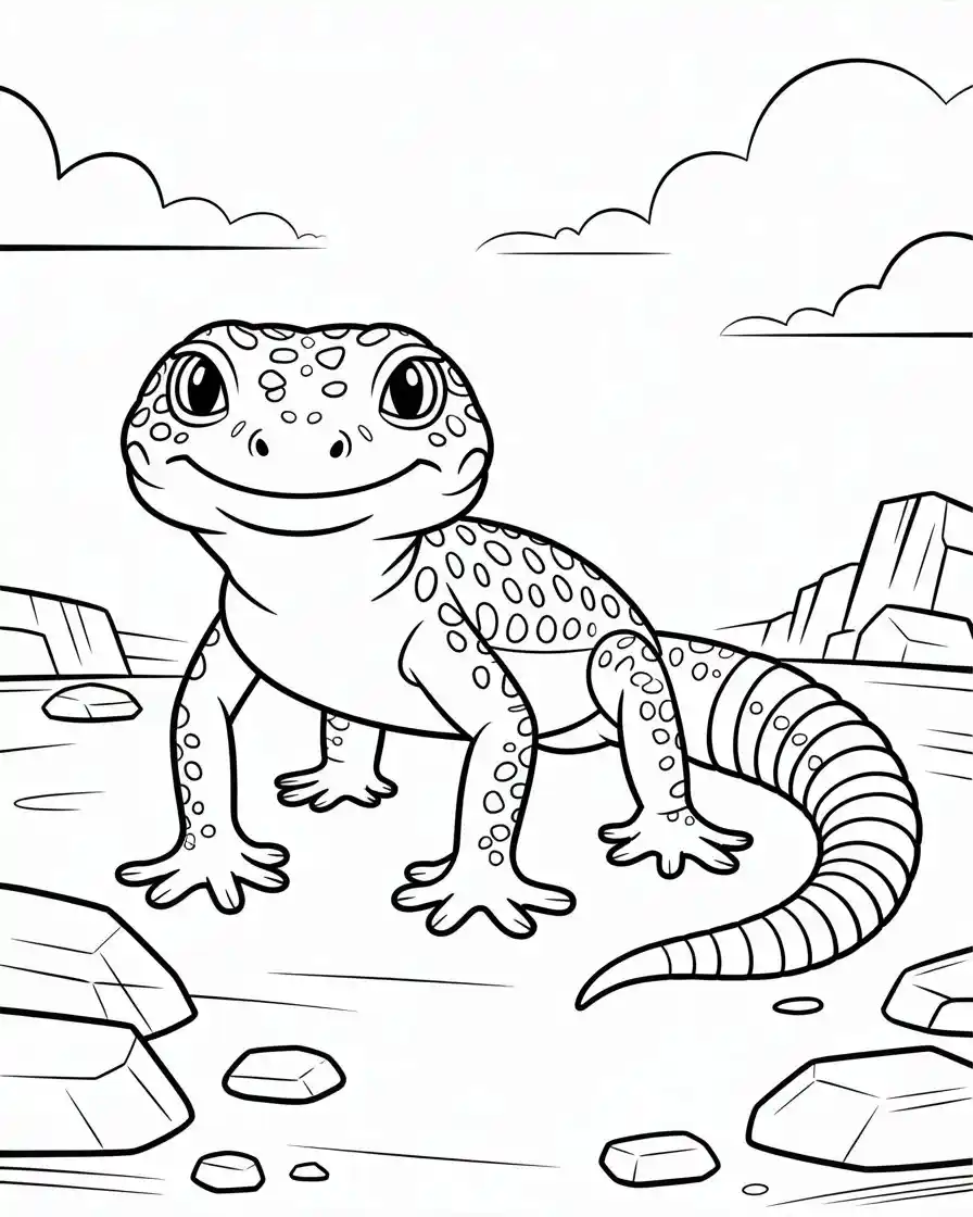 leopard gecko on rocky ground coloring page 1