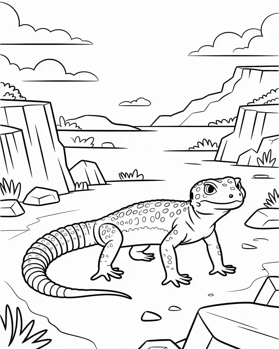 leopard gecko on rocky terrain coloring page 1
