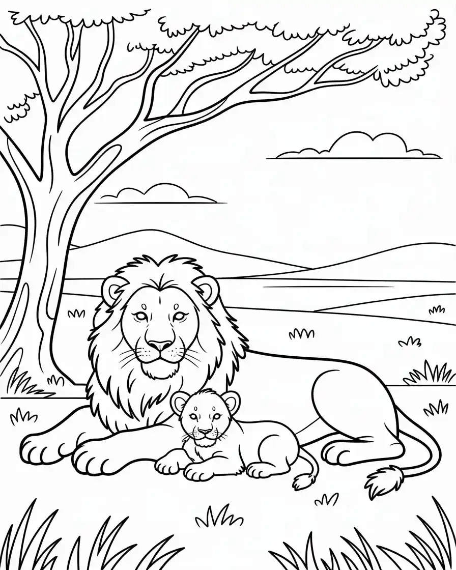 lion and cub resting under a tree coloring page