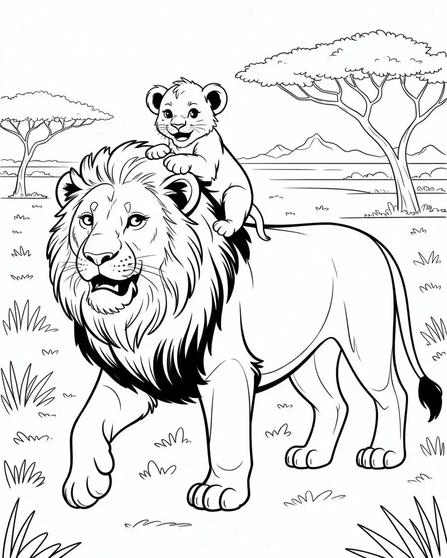 lion and cub resting under a tree coloring page 1