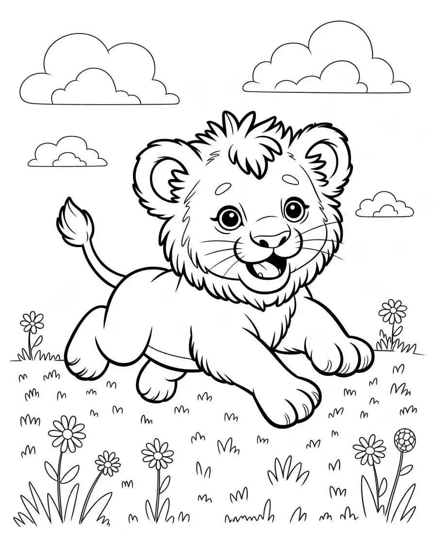 lion cub running in grass coloring page
