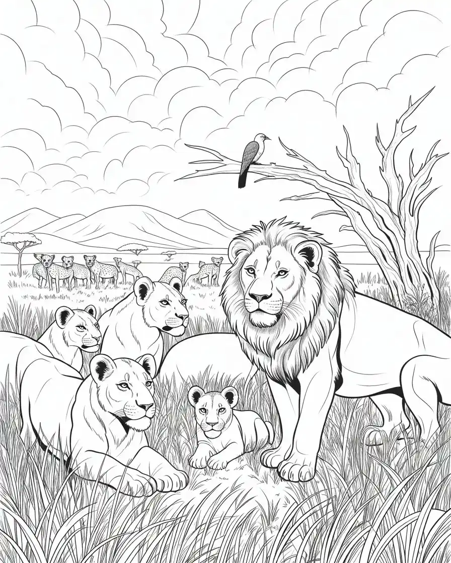 lion pride with hyenas coloring page