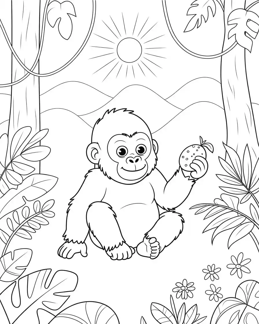 little gorilla holding a snack coloring page 1