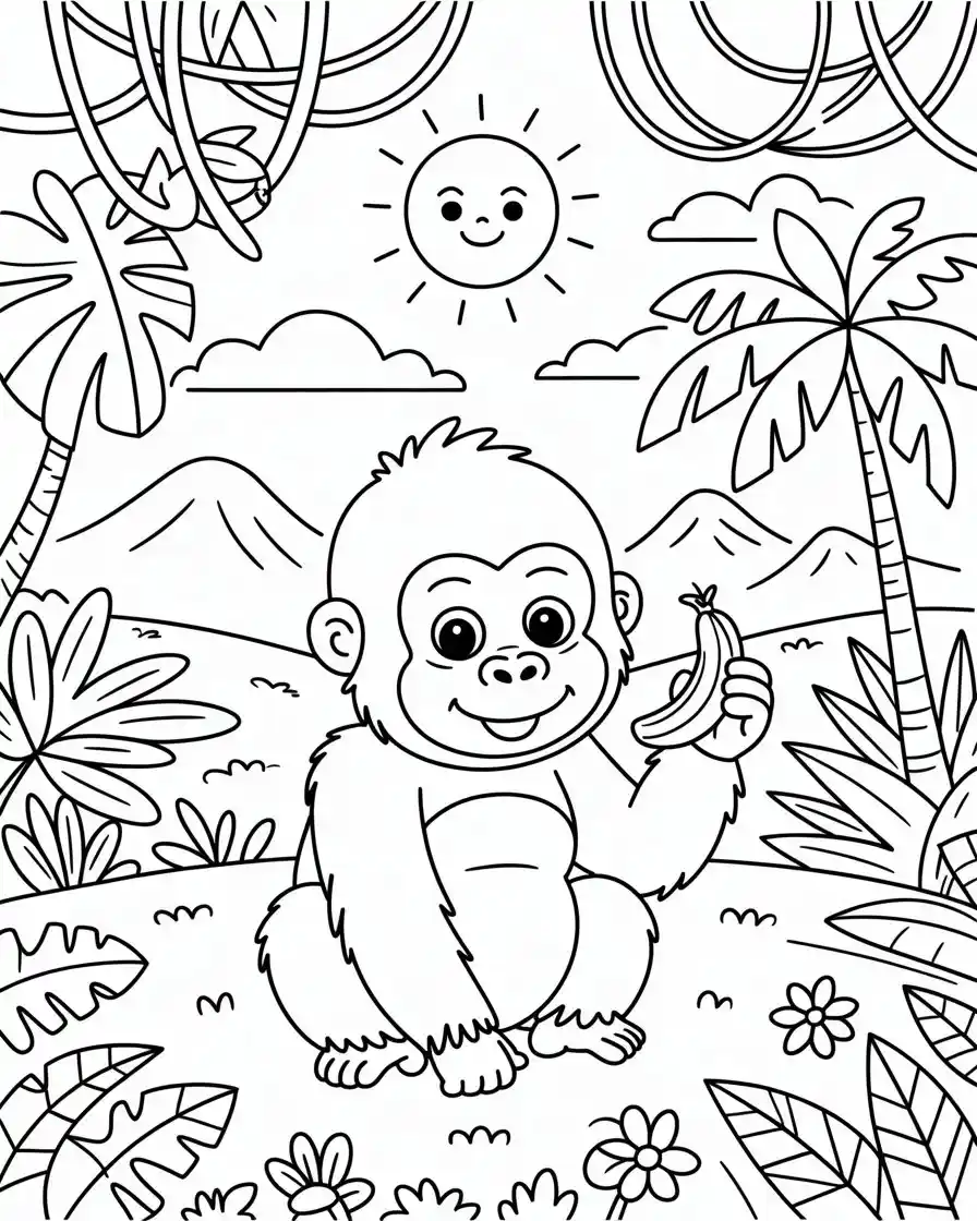 little gorilla holding a snack coloring page