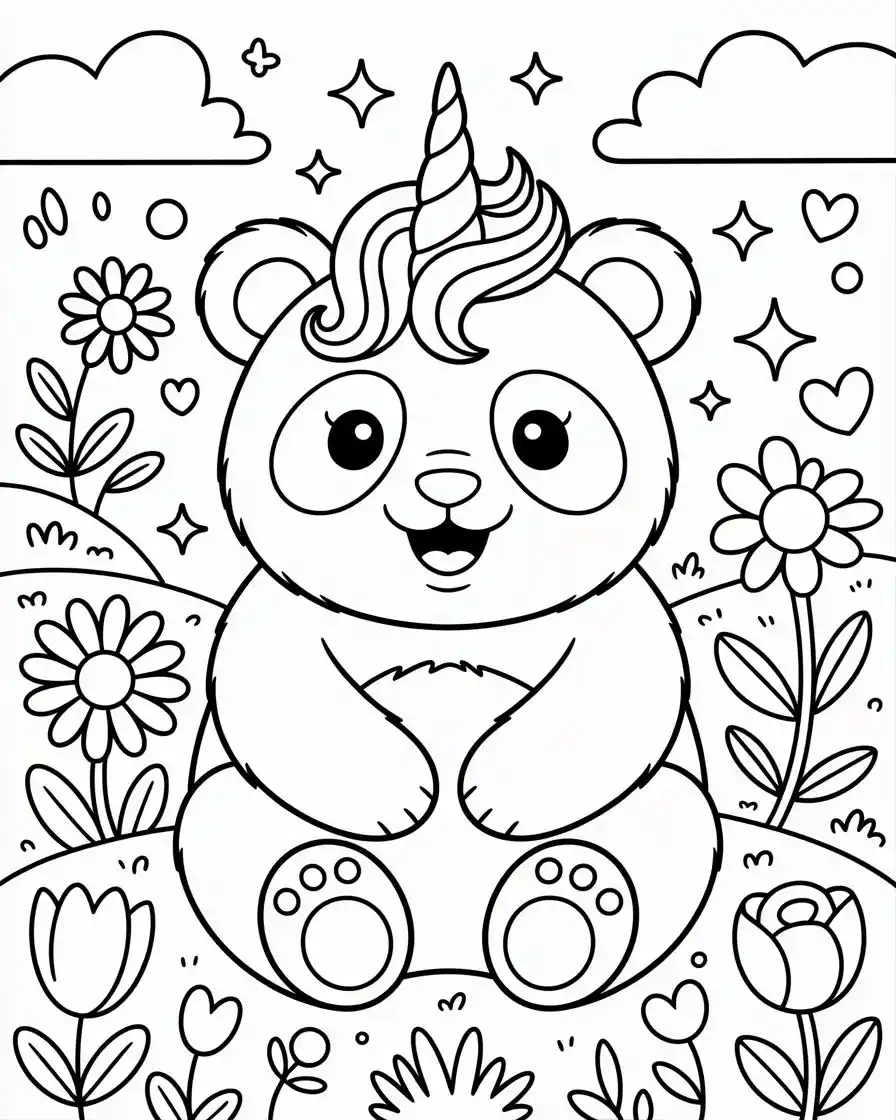magical panda unicorn with fluffy mane coloring page