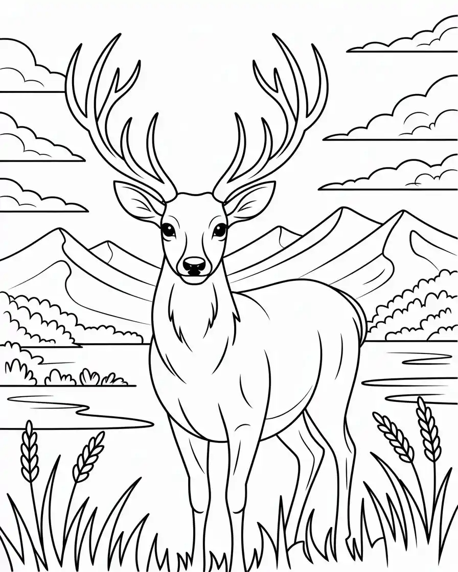 majestic deer in mountains coloring page 1