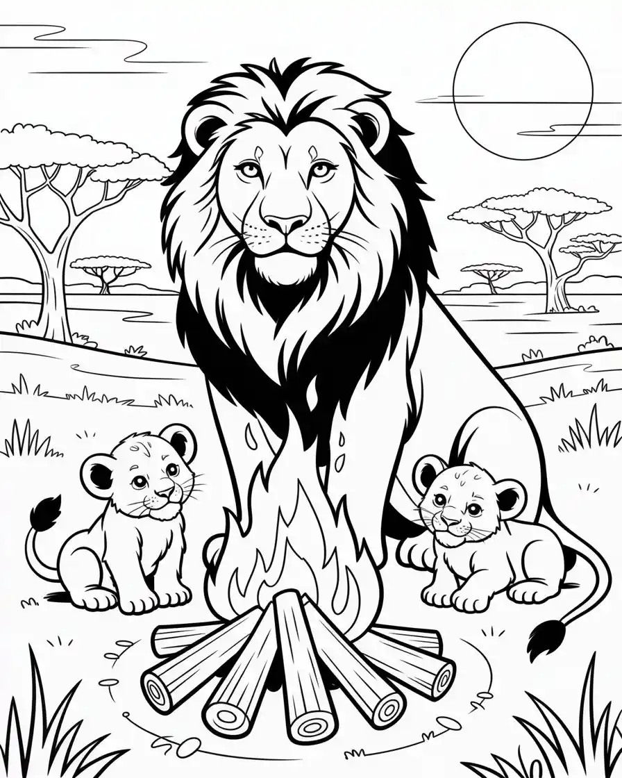 male lion with two cubs sitting around a bonfire coloring page for kids 1