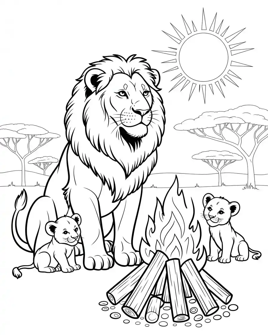male lion with two cubs sitting around a bonfire coloring page for kids