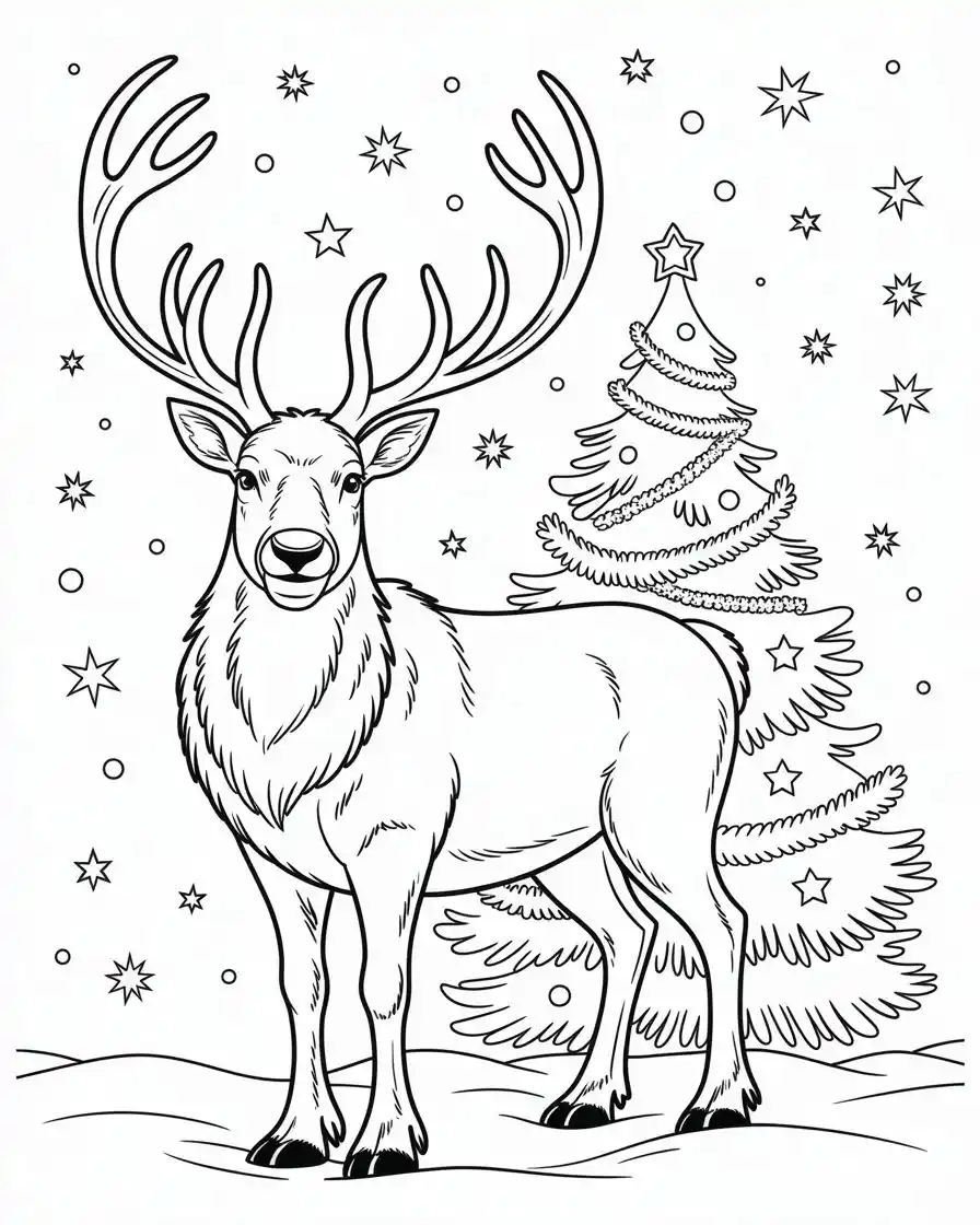 male reindeer with christmas tree coloring page 1