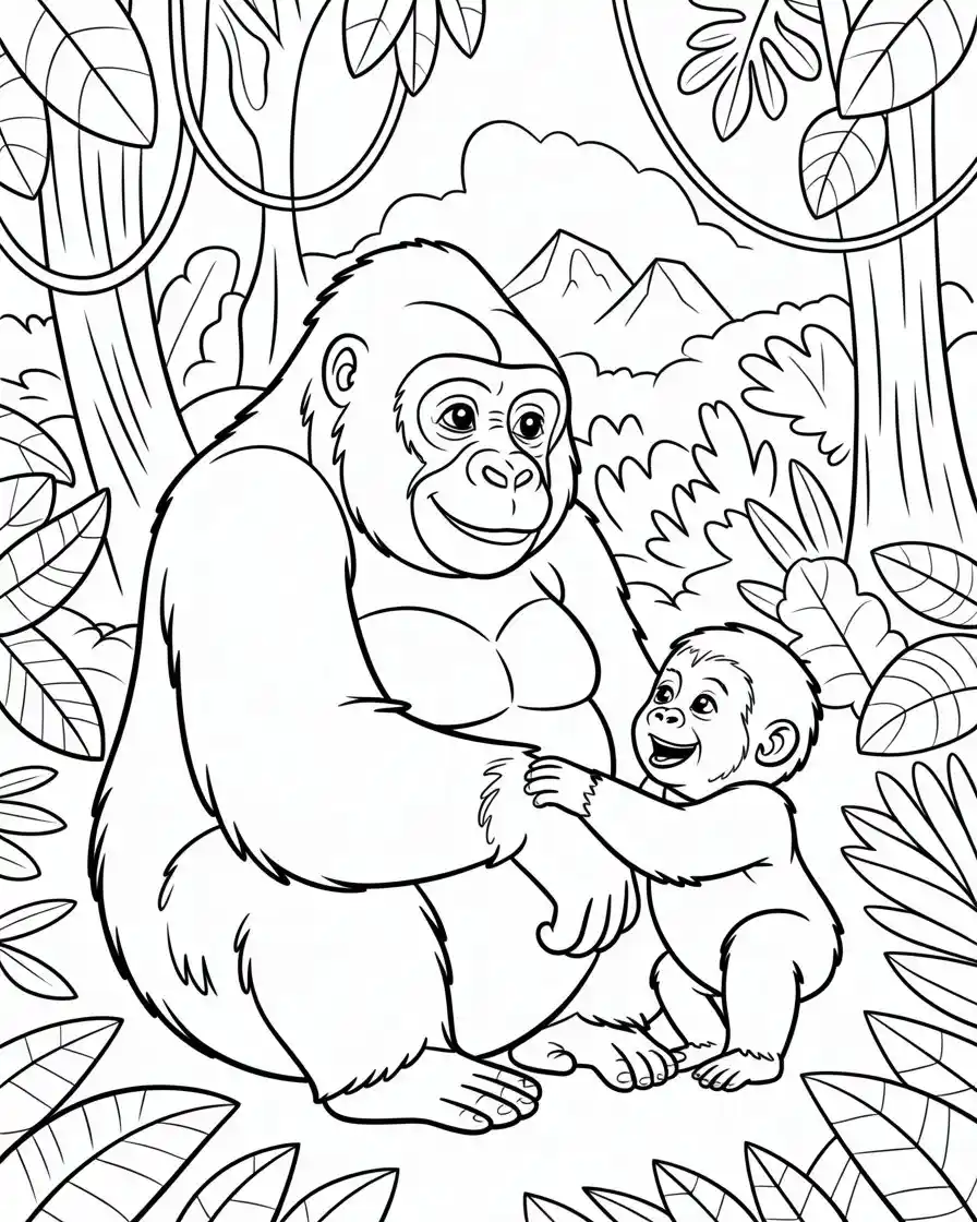 mama gorilla playing with her baby in the forest coloring page